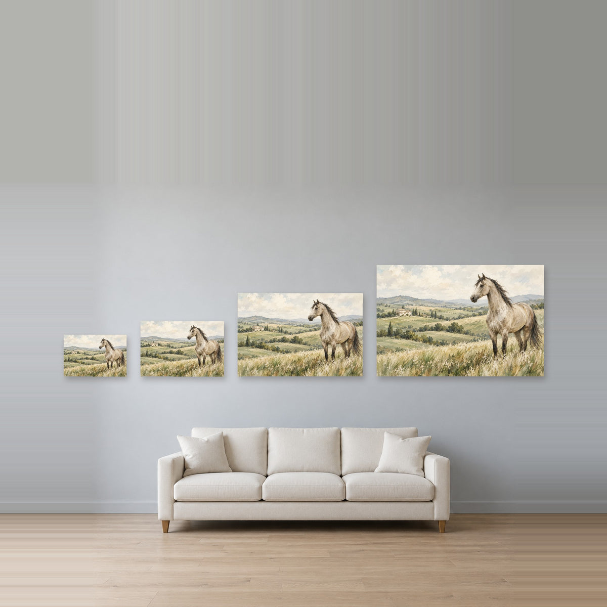 Pasture & Light - White Horse Meadow Wall Art, Canvas or Poster - 08-size-guide