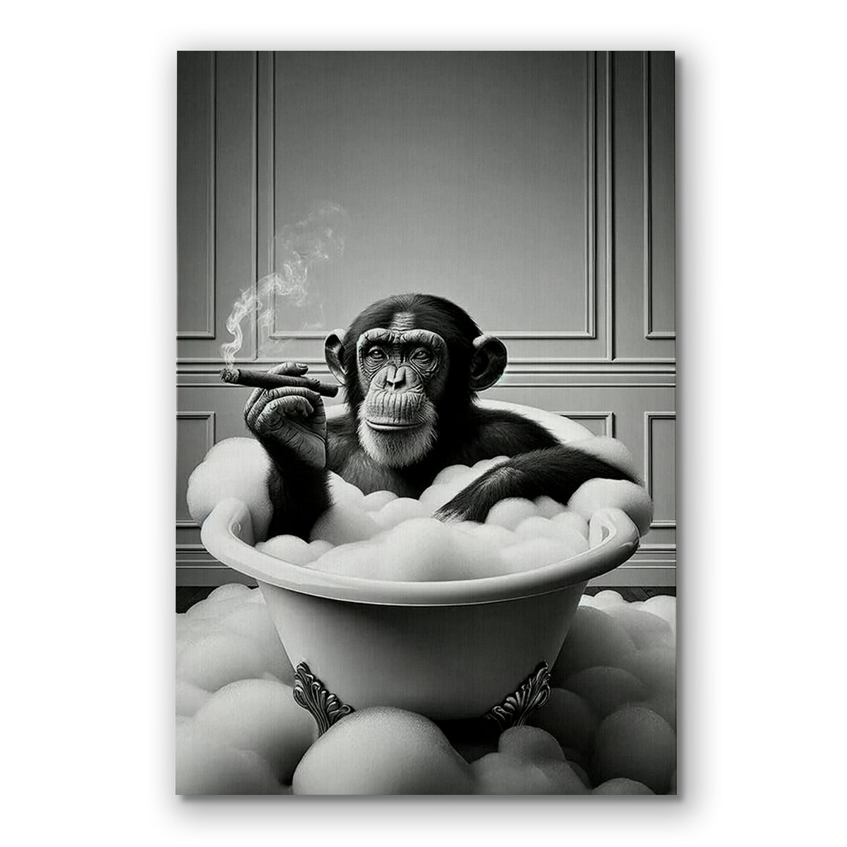Funny Monkey In The Bathtub Canvas – Black And White Bathroom Decor