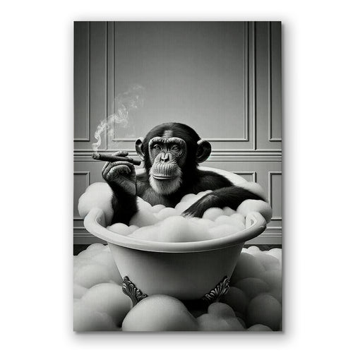 Funny Monkey In The Bathtub Canvas – Black And White Bathroom Decor